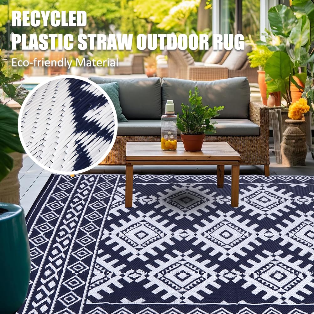 Pendolr 5’x8’ Outdoor Rug Waterproof Carpet Patio Mat Outdoor Plastic Straw Rug Camping Rug Reversible Outside Outdoor Area Rug for Balcony Deck Backyard RV Picnic Beach Navy&White 03#