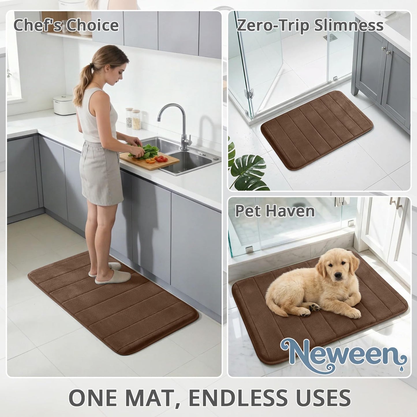 Neween Bathroom Rugs Set 3 Piece, Extra Soft Absorbent Non Slip Memory Foam Bath Mat Set, Thick & Quick Dry Washable Bath Rugs Bathroom Carpet Contour Toliet Mats for Floor, Tub, Shower (Brown)
