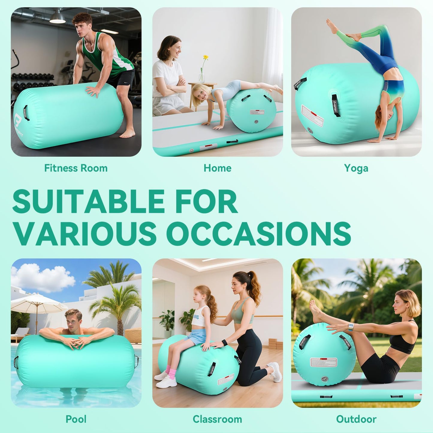 FBSPORT Air Roller Gymnastics Barrel, Inflatable Gymnastics Air Roller Inflatable Air Gymnastics Mat with Electric Pump for Yoga Cheerleading Training Home Outdoor Use (39x24inch Green)