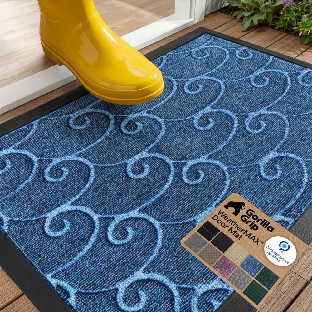 GORILLA GRIP 100% Waterproof All-Season WeatherMAX Doormat, US Designed Natural Rubber, Stain and Fade Resistant, Low Profile Indoor Outdoor Door Mats, Easy Clean Patio Mat, 29x17, Ocean Blue Waves