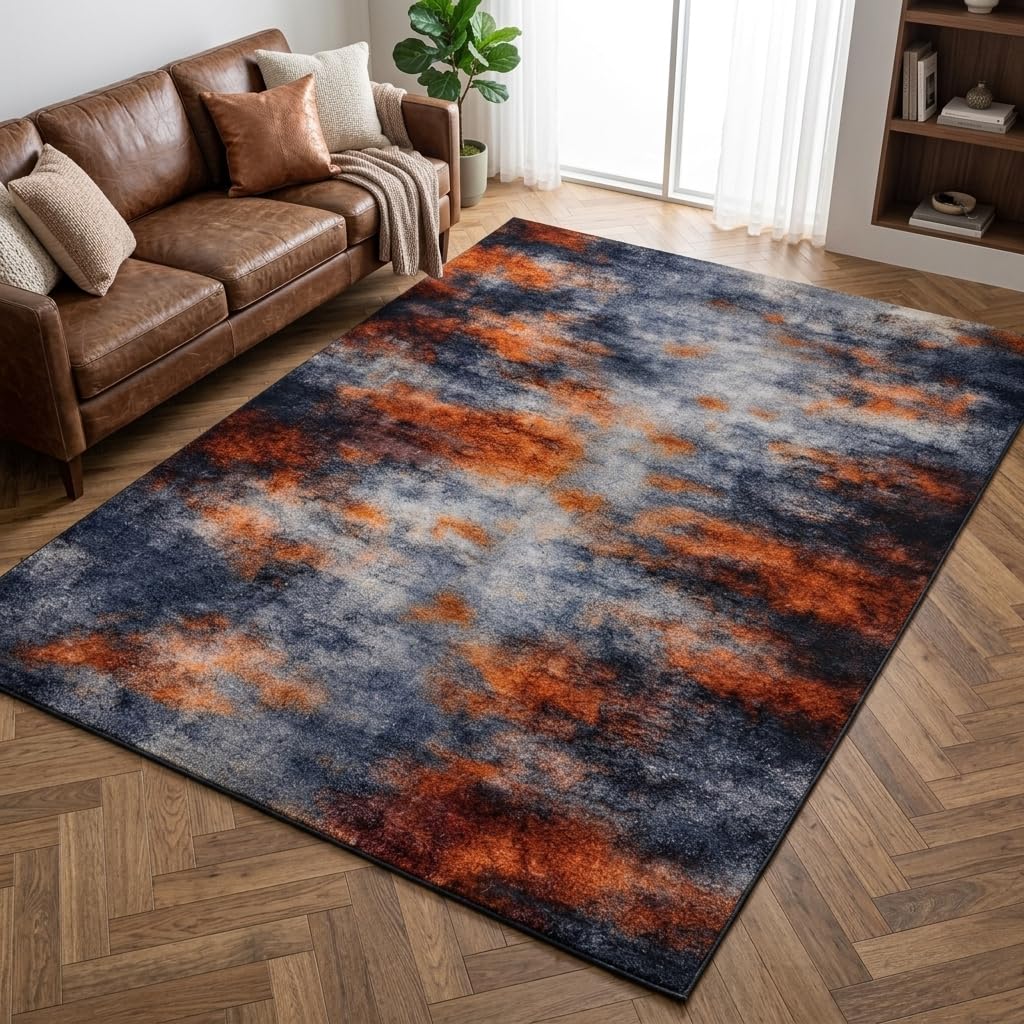 ERYATOU 5x7 Area Rug, Modern Abstract Smoke Cloud Area Rug in Orange and Gray, Washable Non-Slip Low Pile Soft Friendly Carpet for Living Room, Bedroom, Study Room