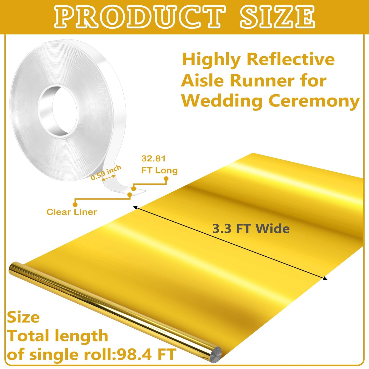 Tinideya 3.3 x 98.4 ft Mirror Rug Aisle Runner for Wedding Ceremony Double Sided Reflective Carpet Aisle Runner Walkway Rug Roll for Outdoor Birthday Graduation Party Decor(Gold)