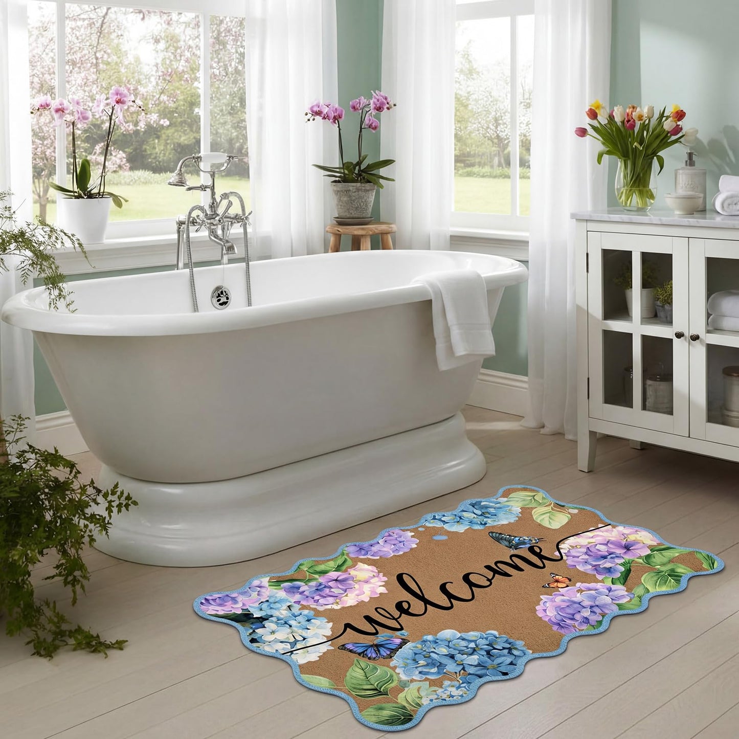 Tinideya Hydrangea Scalloped Doormat Summer Blue Flower Welcome Door Mat 27.6 x 15.7 Inch Artificial Coir Non Slip Cute Butterfly Entrance Rugs for Indoor Outdoor Front Kitchen Bathroom Decor
