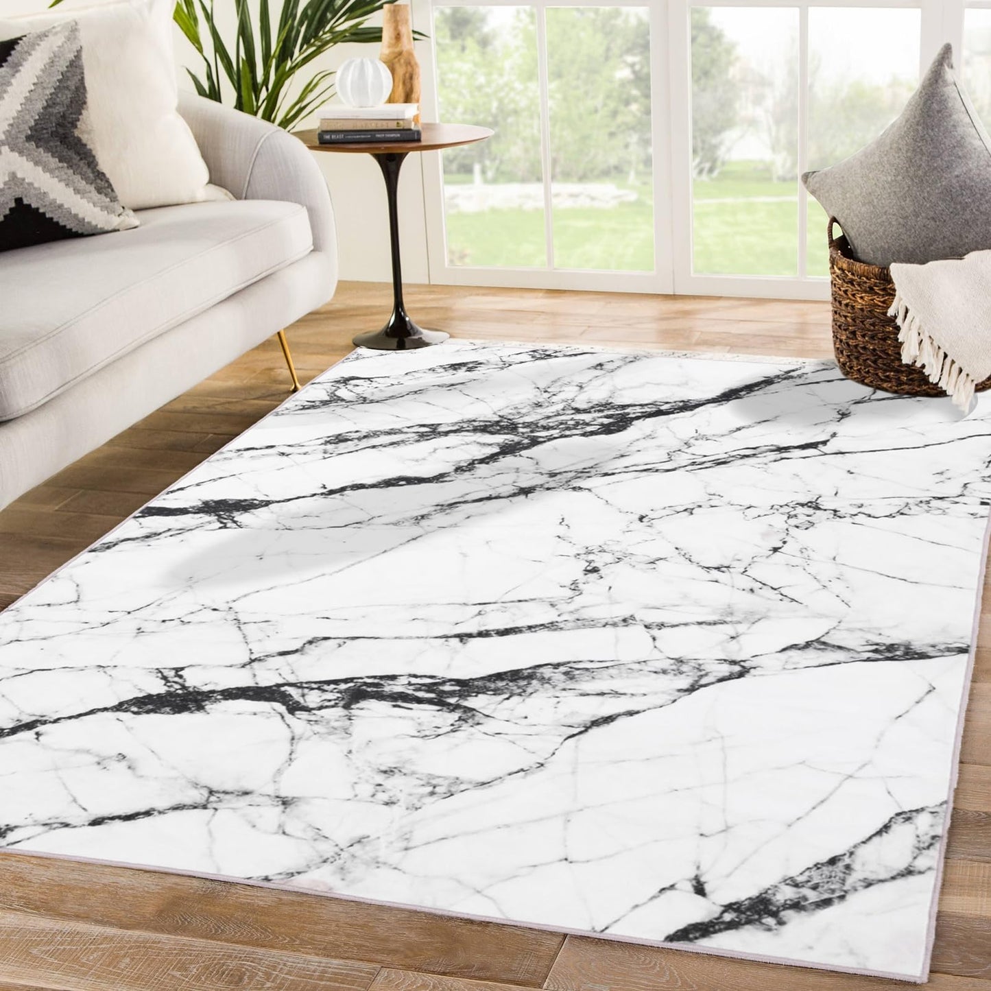 Asrug 3x5 Washable Rugs, White Marble Area Rugs for Living Room, Chic Soft Non-Shedding Throw Rug Carpet with Non-Slip Backing, Low-Pile Floor Mat Indoor Rug for Bedroom Enterway Dining Room