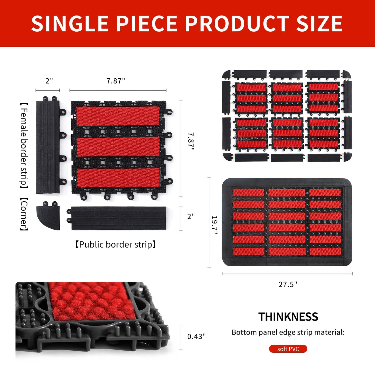 Linoows Heavy Duty Door Mat - DIY Interlocking Design, Dirt Trapper Front Doormat, 27.5x19.7 Inch All-Season Welcome Door Mats Non-Slip for Indoor Outdoor Entrance Home Commercial, Black & Red