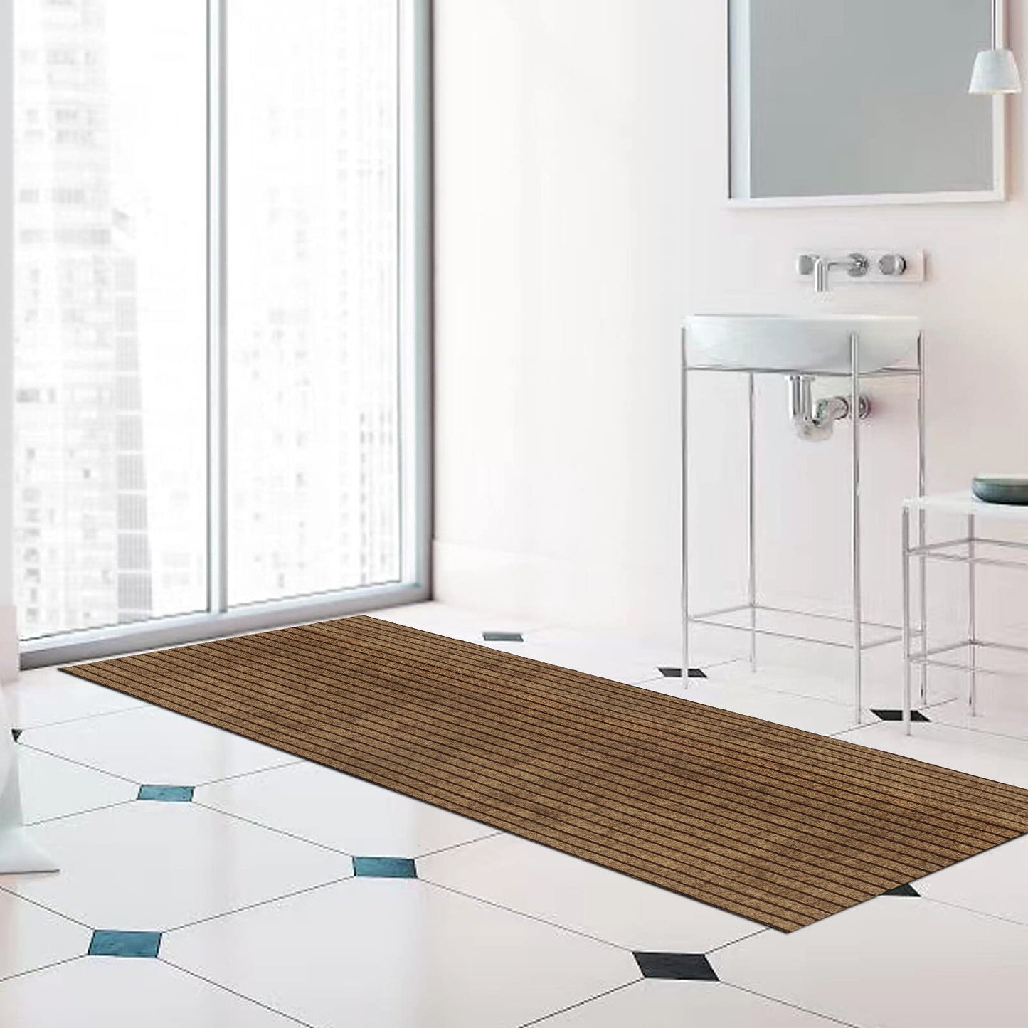 Runner Rug 2 ft x 6 ft Indoor/Outdoor Low Profile, Hallway, Kitchen, Patio, Deck Area, RV, Entryway, Garage, with Non-Slip Rubber Backing, Brown with Brown Stripe, Custom