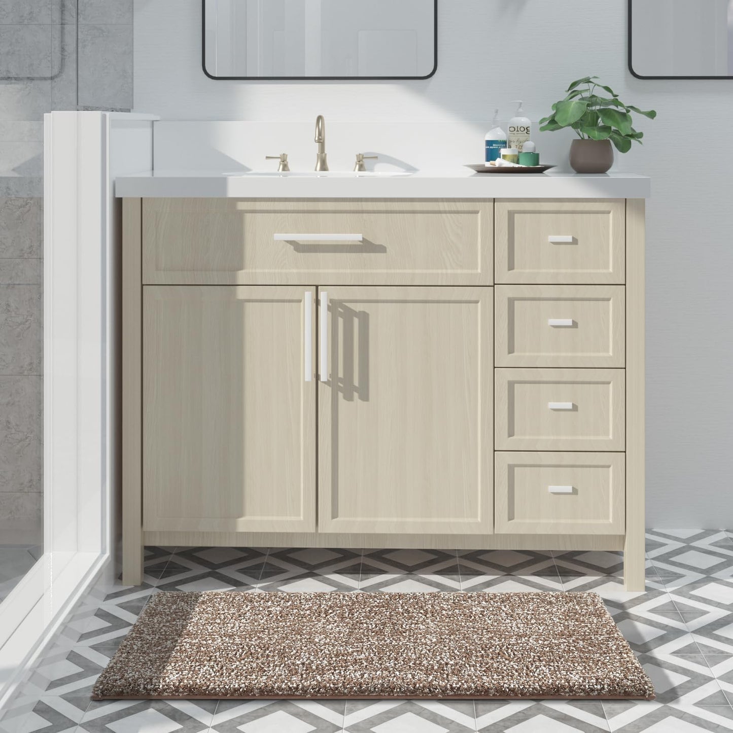 Yimobra Cushioned Anti-Fatigue Bathroom Rug, Bath Mat Non Slip Washable, Dense Soft Microfiber for Bathroom Sink, Shower, Tired Feet Comfort, Absorbent, 36" X 24", Brown and White
