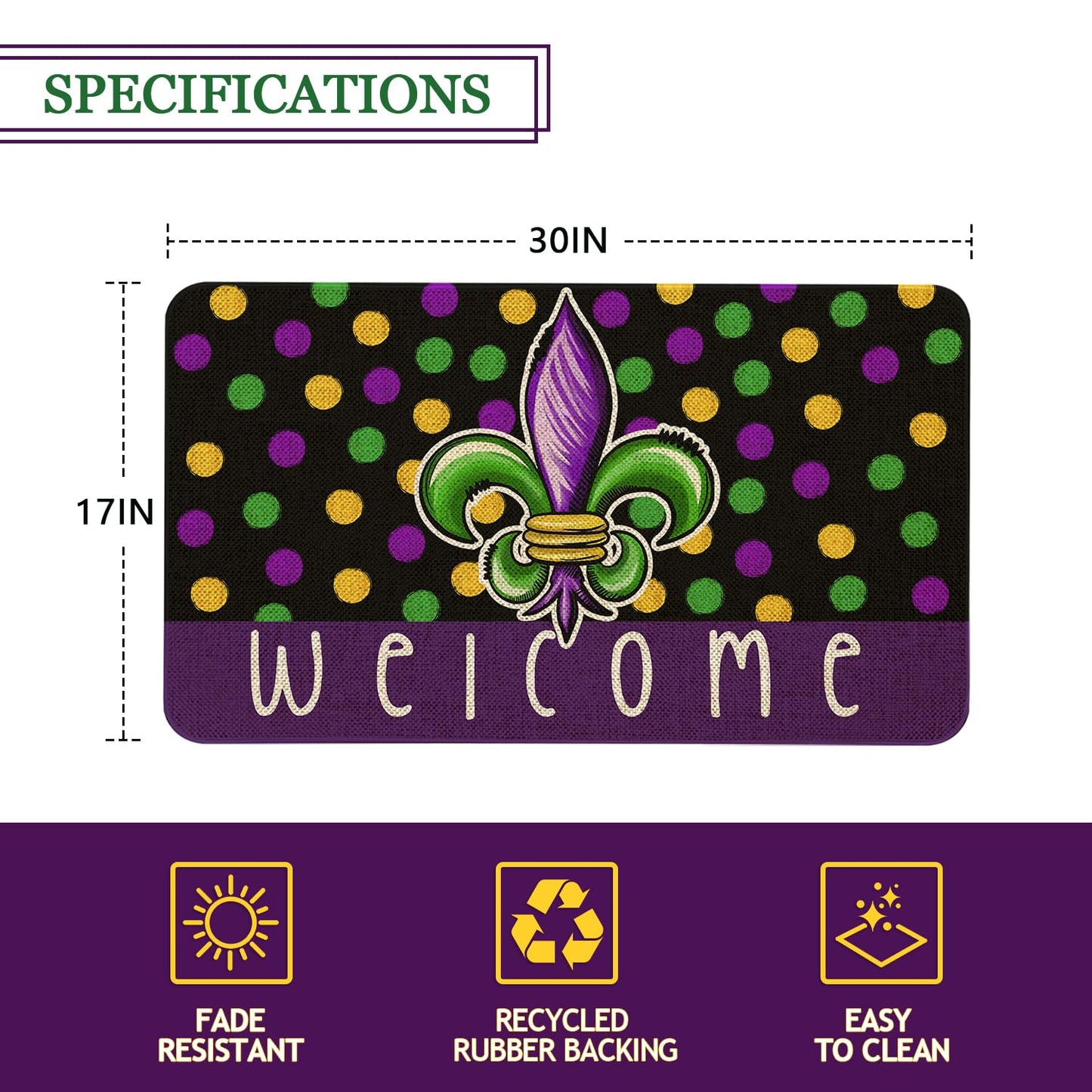 Kuyuayee Mardi Gras Welcome Door Mat 30x17 Inch Carnival Fleur De Lis Doormat Indoor Outdoor Entrance Floor Mats Non-Slip Washable Mardi Gras Decor Rugs