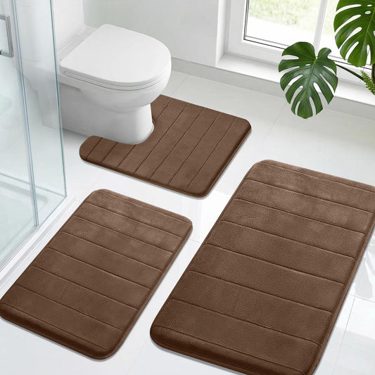 Neween Bathroom Rugs Set 3 Piece, Extra Soft Absorbent Non Slip Memory Foam Bath Mat Set, Thick & Quick Dry Washable Bath Rugs Bathroom Carpet Contour Toliet Mats for Floor, Tub, Shower (Brown)