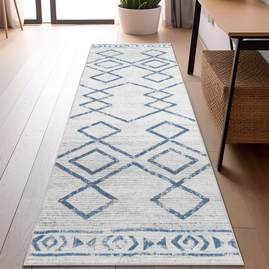 jinchan Moroccan Runner Rug 2x5 - Kitchen Machine Washable Runner Rug Modern Geometric Soft Low-Pile Lightweight Non-Slip Carpet for Entryway Hallway Laundry Room Bedroom Farmhouse (2x5ft, Blue)