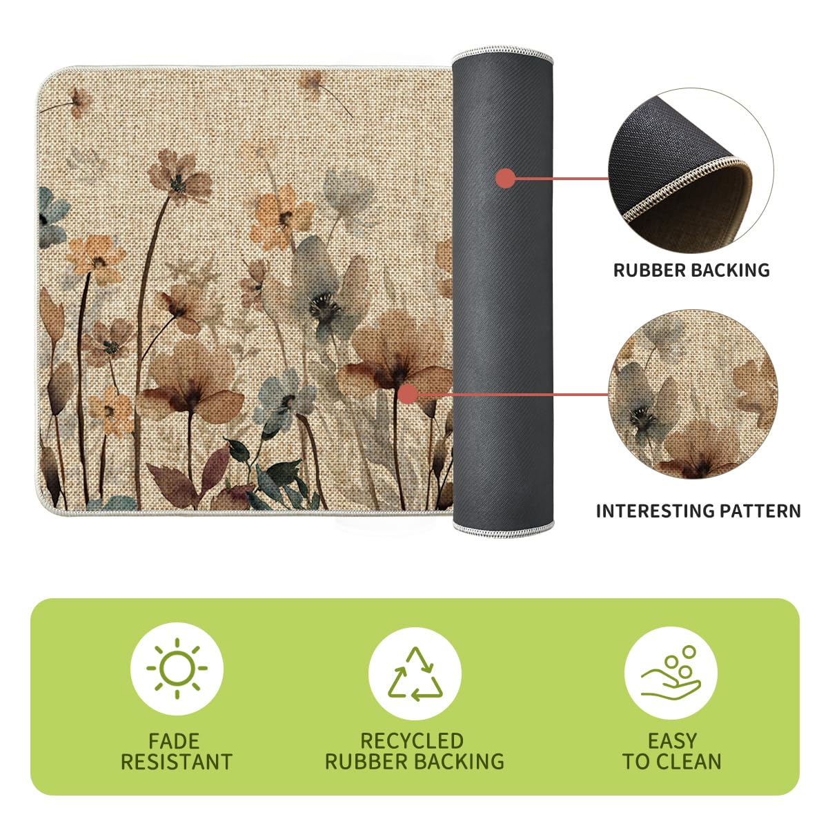 Artoid Mode Brown Poppy Floral Leaves Spring Kitchen Mats Set of 2, Spring Home Decor Low-Profile Kitchen Rugs for Floor - 17x29 and 17x47 Inch