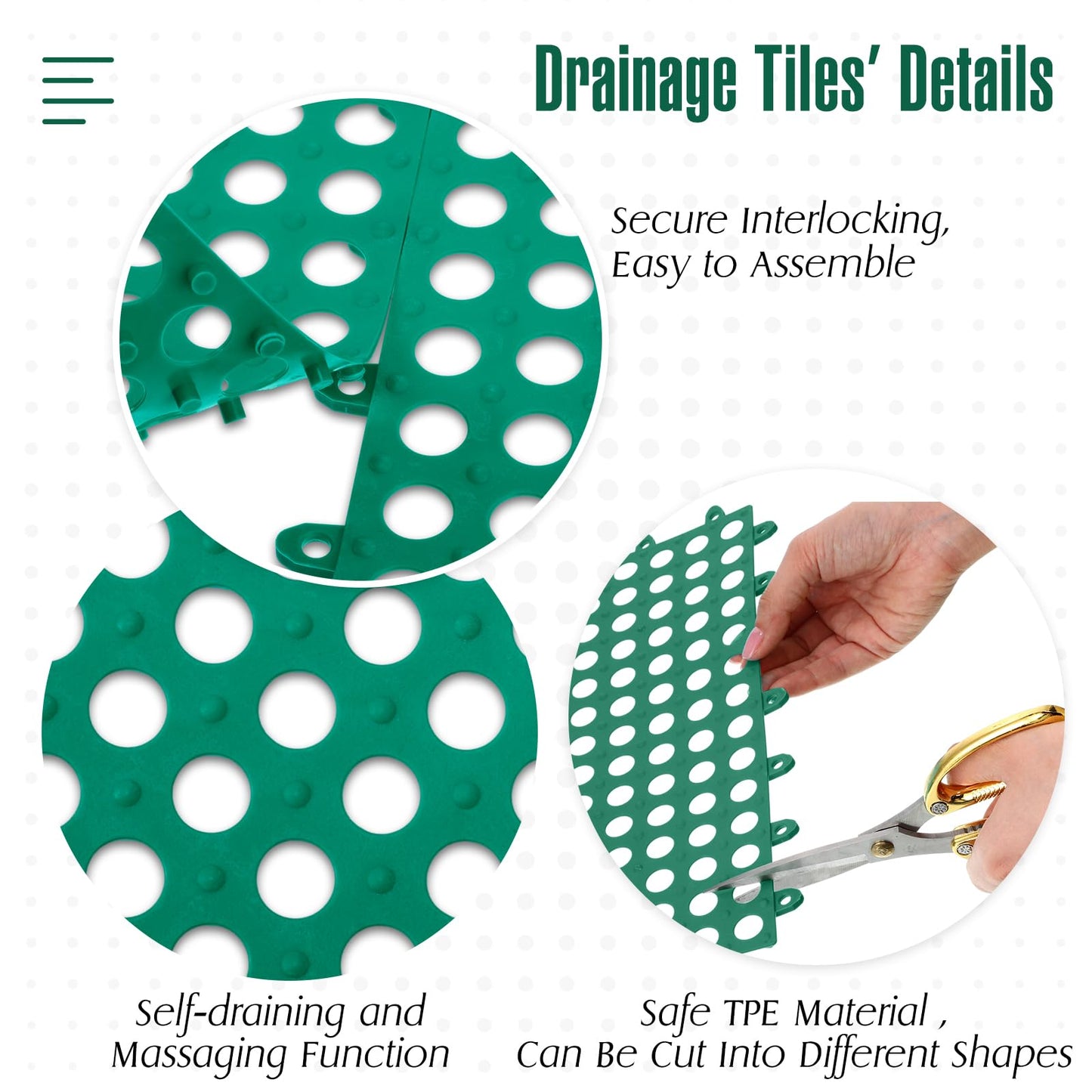 Tinideya 50 Pcs Drainage Mats 11.8'' x 11.8'' Modular Interlocking Floor Drainage Tiles Splicing Pool Floor Mat, Non Slip TPE Soft for Outdoor Deck Greenhouse Shower Bathroom Pool(Grass Green)