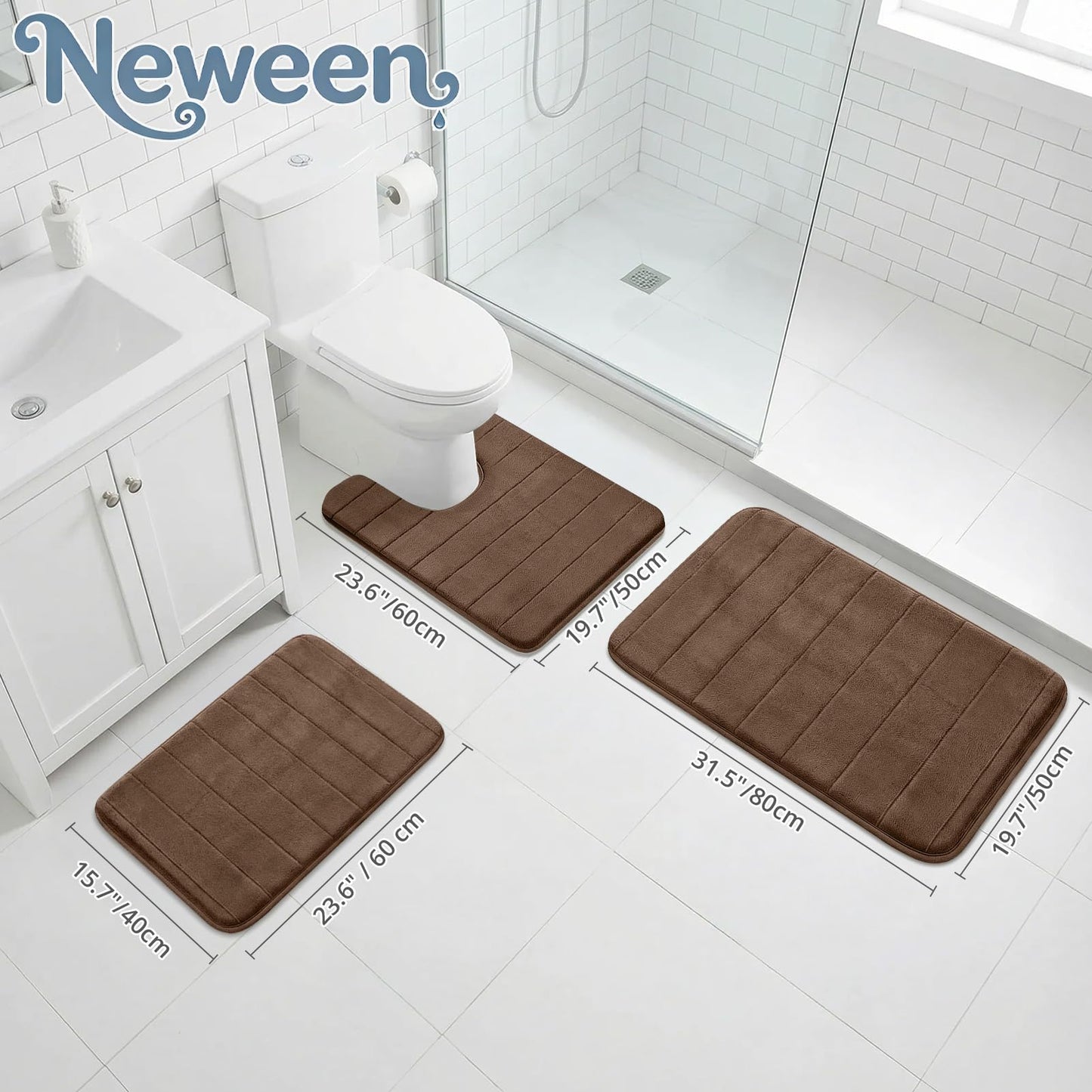 Neween Bathroom Rugs Set 3 Piece, Extra Soft Absorbent Non Slip Memory Foam Bath Mat Set, Thick & Quick Dry Washable Bath Rugs Bathroom Carpet Contour Toliet Mats for Floor, Tub, Shower (Brown)
