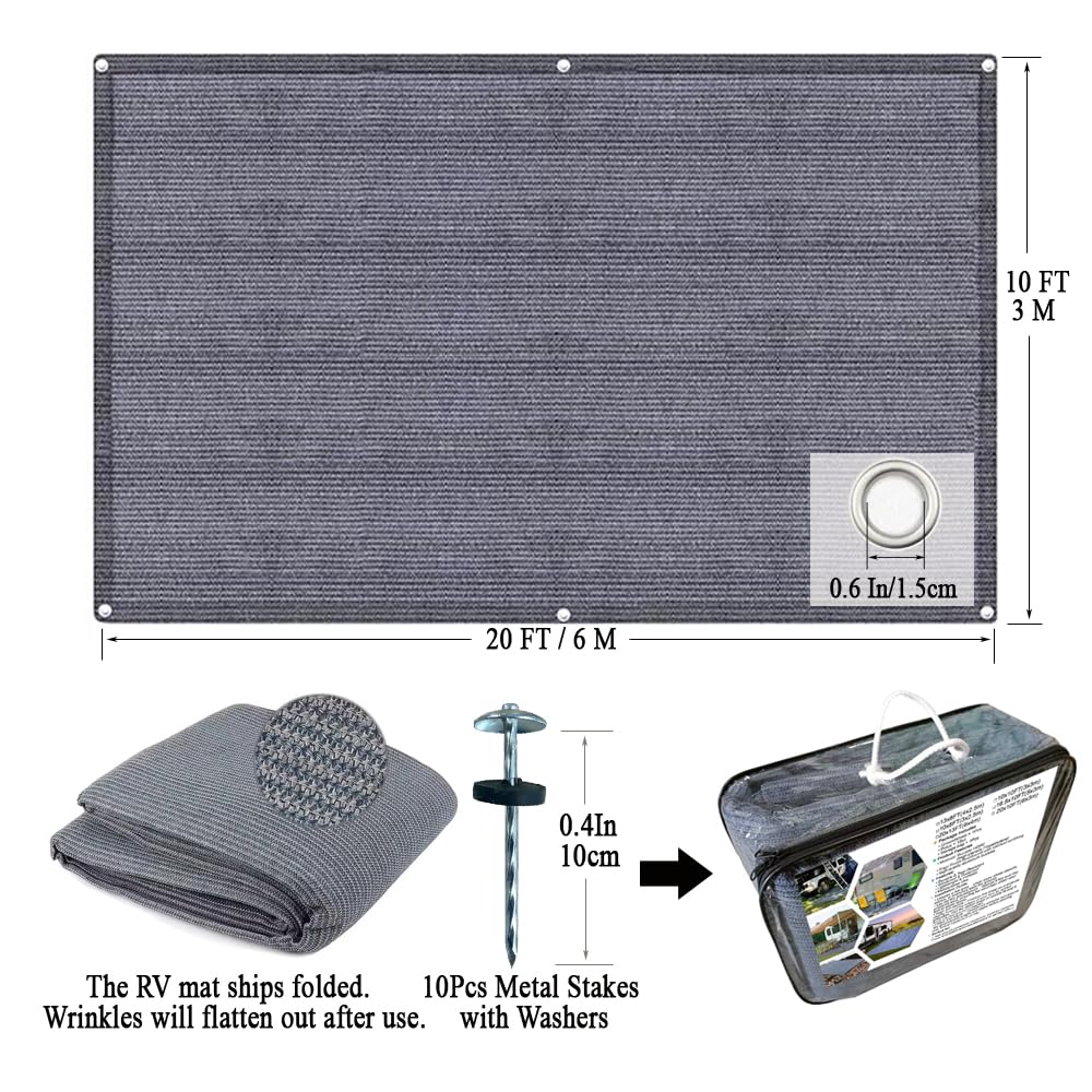 JUNKOGO RV Outdoor Mat 10x20 FT, Reversible RV Patio Rug, Blue-Gray, 240GSM Breathable Camping Mat for Camper, Motorhome, Trailer, Picnic, Beach, Backyard