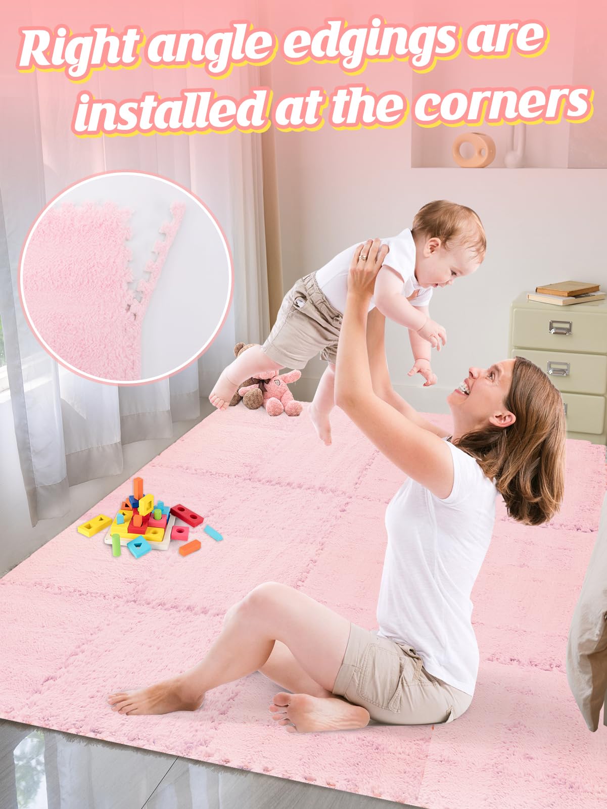 ANPHSIN 12 pcs Thickened Foam Interlocking Floor Mats, Fluffy Plush Mats for Baby with Edgings, Soft Anti-Slip Puzzle Area Rug Playmat, Square Tiles Room Flat (11.8 in, Pink)