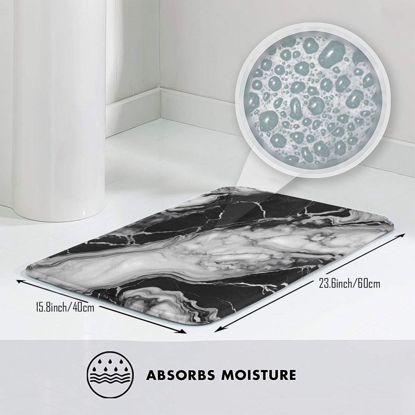 Sovvin Black and White Marble Bath Mat, Non-Slip Microfiber Rug, Soft Absorbent Kitchen Door Mat for Bathroom,Bedroom, 16x24 Inches
