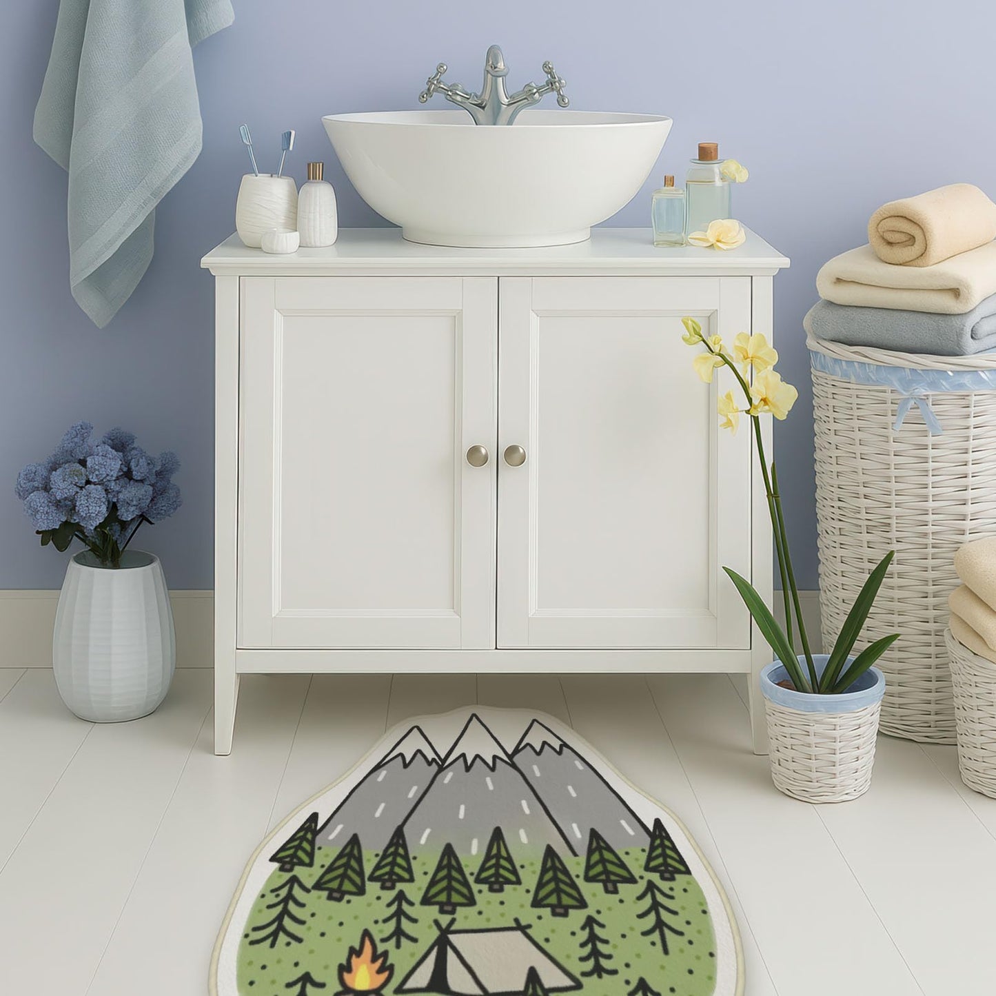 Allenjoy 31.1" x 31.2" Mountain Camping Bathroom Rugs Fire and Tent Mat Bathmat Rug Non Slip Washable