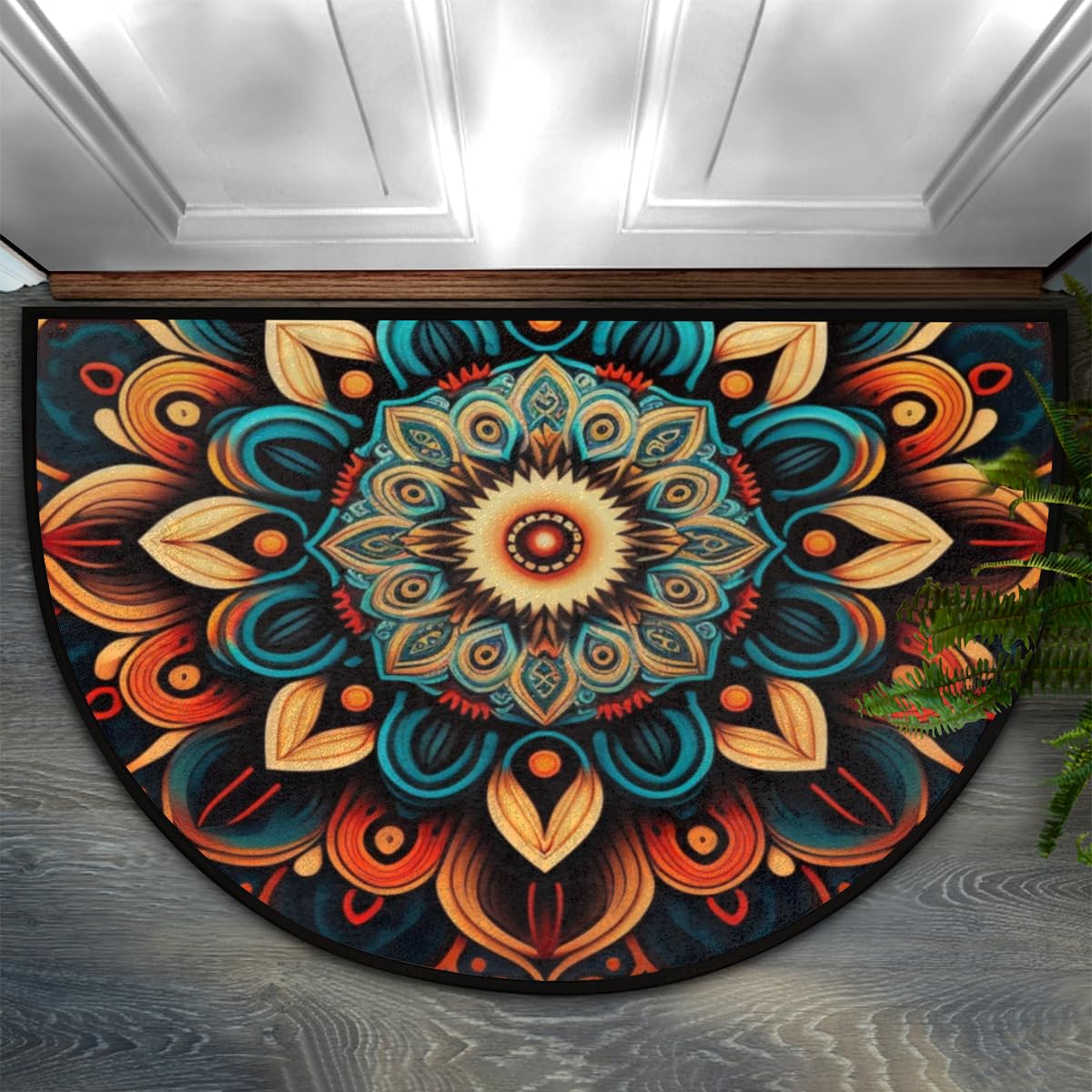 Bohemian Flower Half Round Doormat Boho Floral Washable Semi Circle Area Rug Non Slip Absorbent Half Moon Rug for Indoor Outdoor Bathroom Kitchen Patio Front Welcome Fireplace Hearth Floor Mat