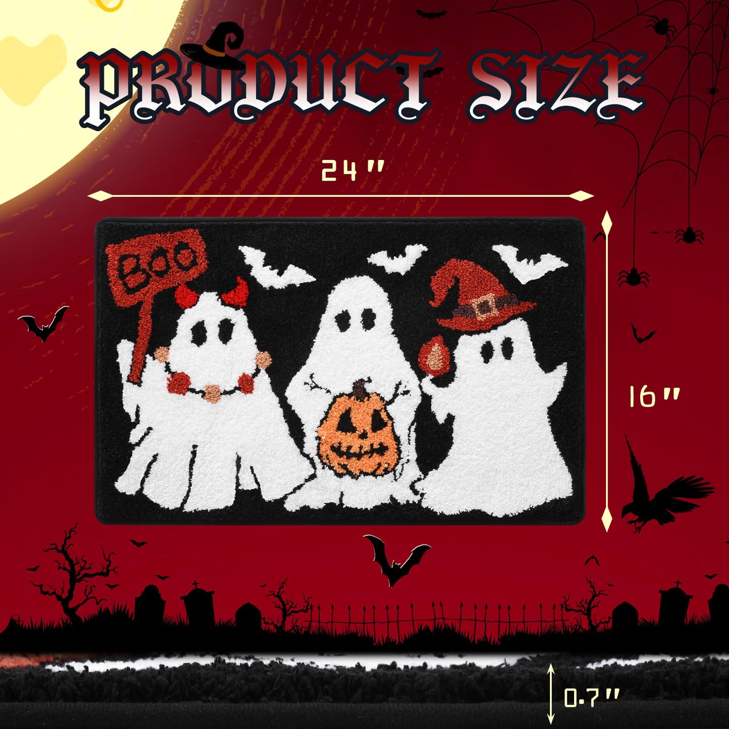 Ghost Bath Mat 16x24 Inch, Soft and Absorbent Tufted Halloween Bathroom Rug Non Slip Washable, Halloween Bathroom Boo Decor Rug Holiday Decorations
