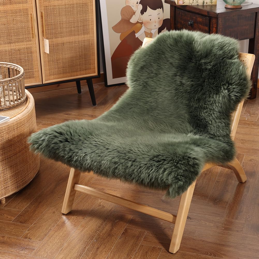 IRIWOOL Premium Genuine Fur Sheepskin Rug Real Australia Sheepskin Natural Luxury Fluffy Lambskin Fur Area Rug Seat Covers for Kids Bedroom Sofa Chair Cover (Military Green, Single Pelt/2ft x 3ft)