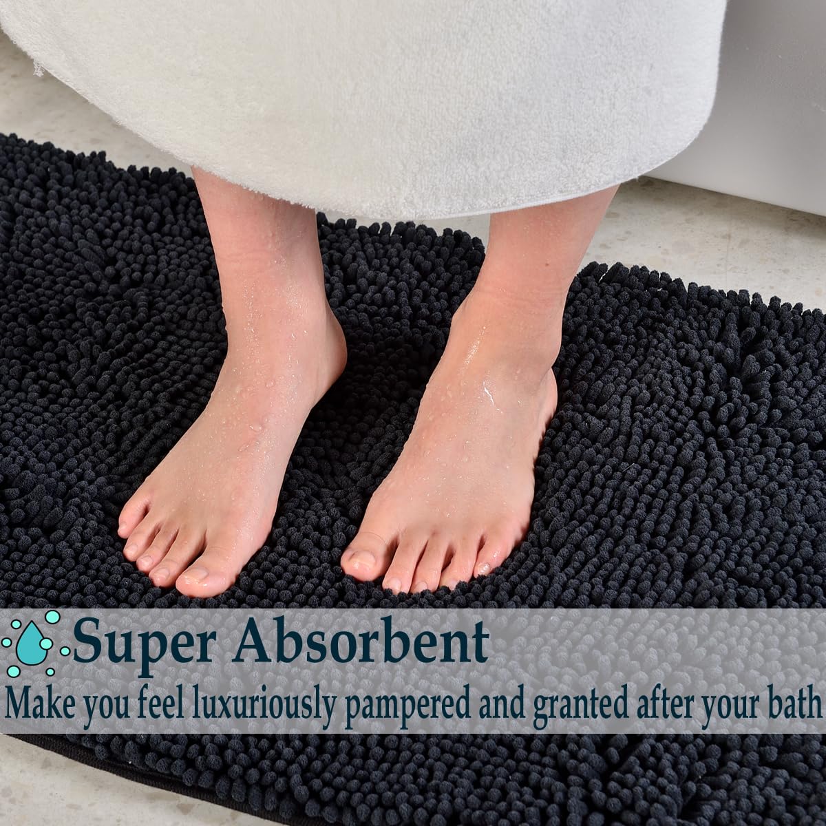 Bathroom Rugs Sets 4 Piece, Extra Soft Absorbent Chenille Bath Rugs, Non Slip Rubber Backing Machine Washable Quick Dry Bath Mats for Bathroom Floor, Tub, Shower, Home Decor Accessories, Black