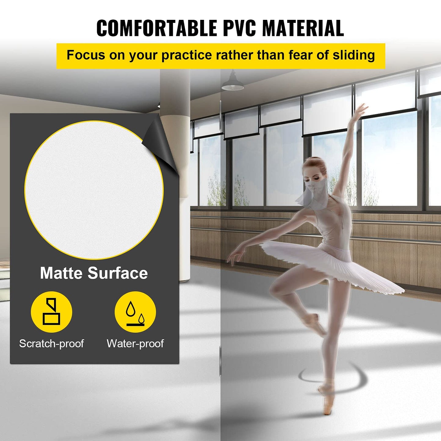 VEVOR Dance Floor 6.6x23ft, Dance Floor Roll 0.06in Thick PVC Vinyl Dance Mat Black/White Reversible Portable Marley Dance Practice Floor, Non-Slip Dance Flooring for Ballet Jazz Pop Lyrical Style