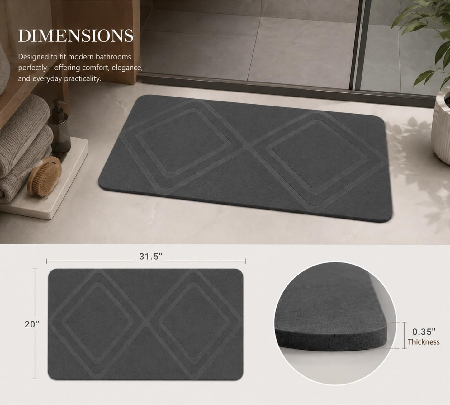 INRSTNO Premium Stone Bath Mat, Diamond Pattern, Quick Dry Diatomaceous Earth Bath Mat for Bathroom, Super Absorbent, Non-Slip & Easy to Clean, Large 31.5" x 20"