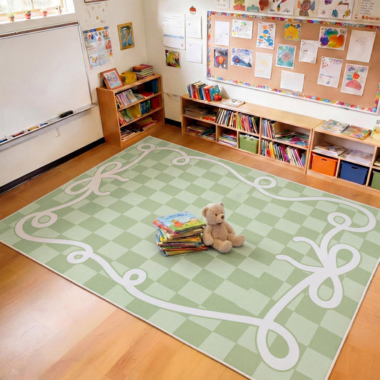 Klyyo Clyro Back to School Decoration Classroom Area Rug Green Bow Border Check Classroom Educational Area Rug for Kids, Children's Schoolroom for Teaching and Playroom, 5 x 7.6 Ft, Seats 20