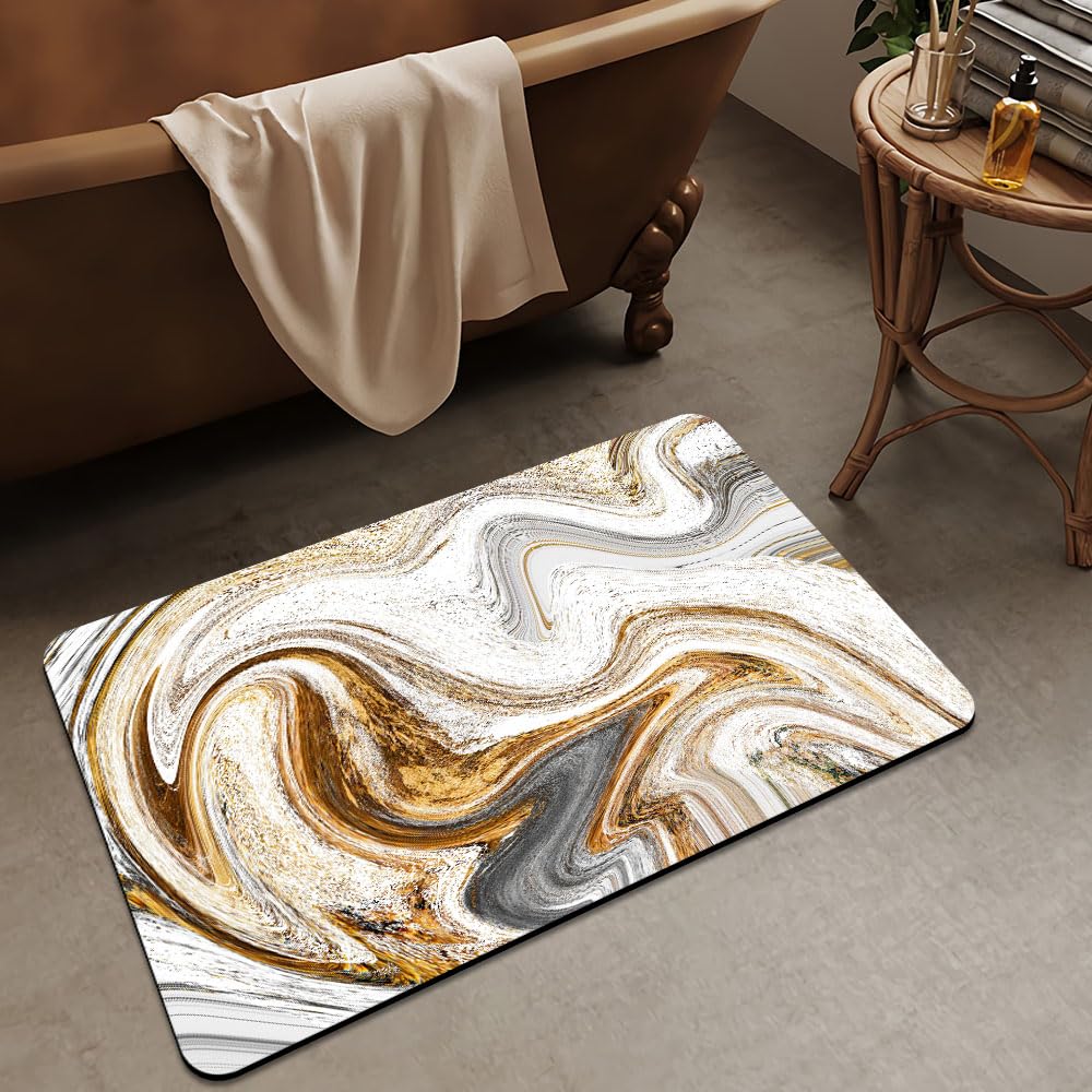 ZHUZHISHAN Bath Mat Rug,White Grey Gold Marble Non Slip Quick Dry Super Absorbent Thin Bathroom Rugs Fit Under Door-Easy to Clean Bathroom Floor Mats-Shower Rug for Shower Sink Bathtub(16" x 24"in)