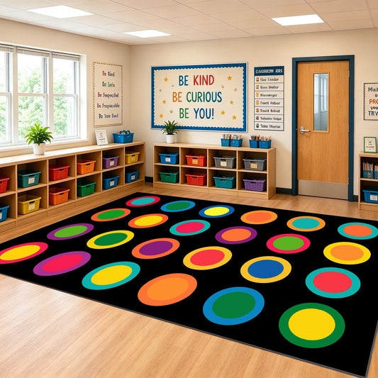 MAISONRINA Large Classroom Rugs Elementary 7'7''x13',Daycare Rug with Colorful Rings,Black Classroom Rug for Preschool & Kindergarten, Seating Spots Rugs for Kids Room & Playroom - Seats 24