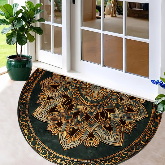 Half Round Door Mat 35.4 x 23.6 Inch, Non Slip Washable Half Moon Entryway Rug, Vintage Lotus Mandala Semicircle Floor Mat for Indoor Outdoor Kitchen Bathroom Home Decor (Green Gold, 35.4 x 23.6inch)