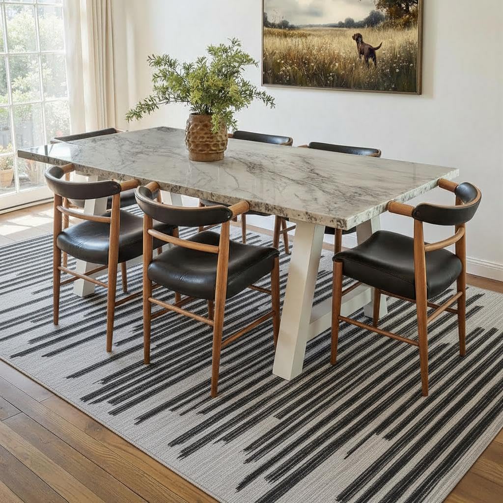 GarveeHome 8x10 Washable Living Room Rug Modern Striped Non Slip Low Pile Indoor Carpet for Home Office Bedroom Dining Room Geometric Stain Resistant Simple Rugs, Black Grey