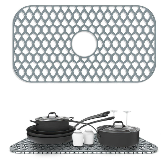 Sink Protectors for Kitchen Sink 13x11 &16x12 & 18x16 & 19x14 & 21x16 & 22x13 & 24x13 & 25x16 & 26x14 & 28x14 & 30x16, Silicone Sink Mat Grid (26"x14", Center Drain)