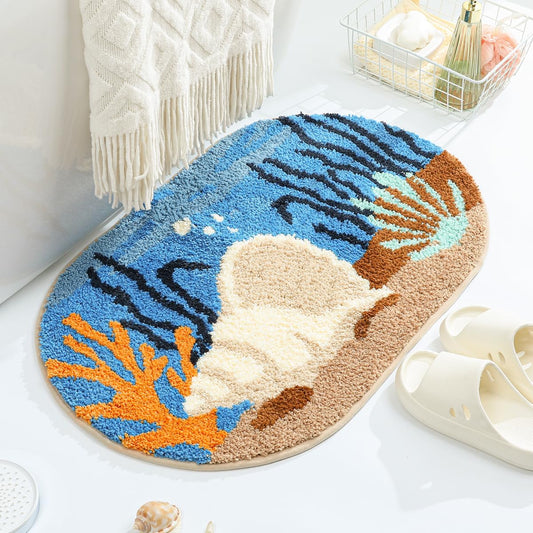 Loismood Coastal Bathroom Rug Ultra Absorbent and Non Slip Bath Mat Machine Washable 23 x 16 Inches, Fluffy Carpet for Bath Tub, Bedroom and Living Room, Conch