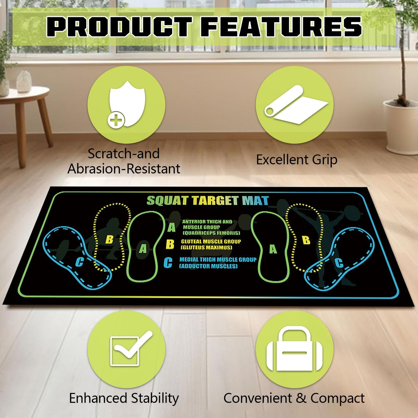 Squat Mat with Foot Position 13.8×31.5in — Non-Slip + Resistance Band
