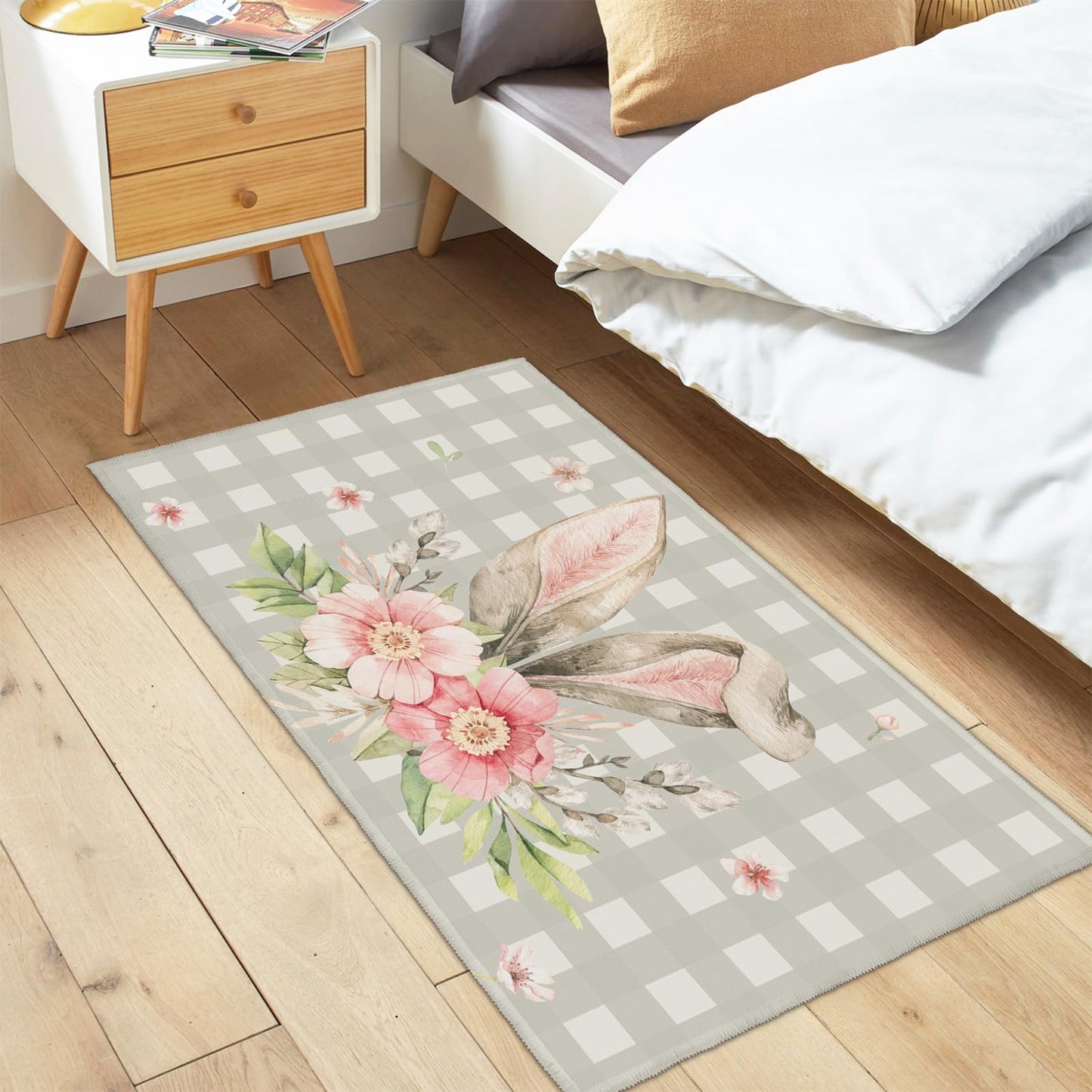 Cryomitron Easter 2x3 Rugs for Entryway Easter Bunny Ear Buffalo Plaids Front Door Mat Indoor Non Slip Low Pile Area Small Rugs Spring Rabbit Floral Throw Rugs for Kitchen Bathroom Bedroom Living Room