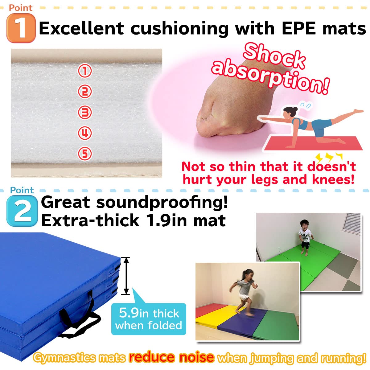 KaRaDaStyle Gymnastics Mat Folding Stretch Mats 71"x24"x2" Exercise Muscle Training Children Play Horizontal Bar Mat Yoga Sports Soundproof Home Use (Yellow)