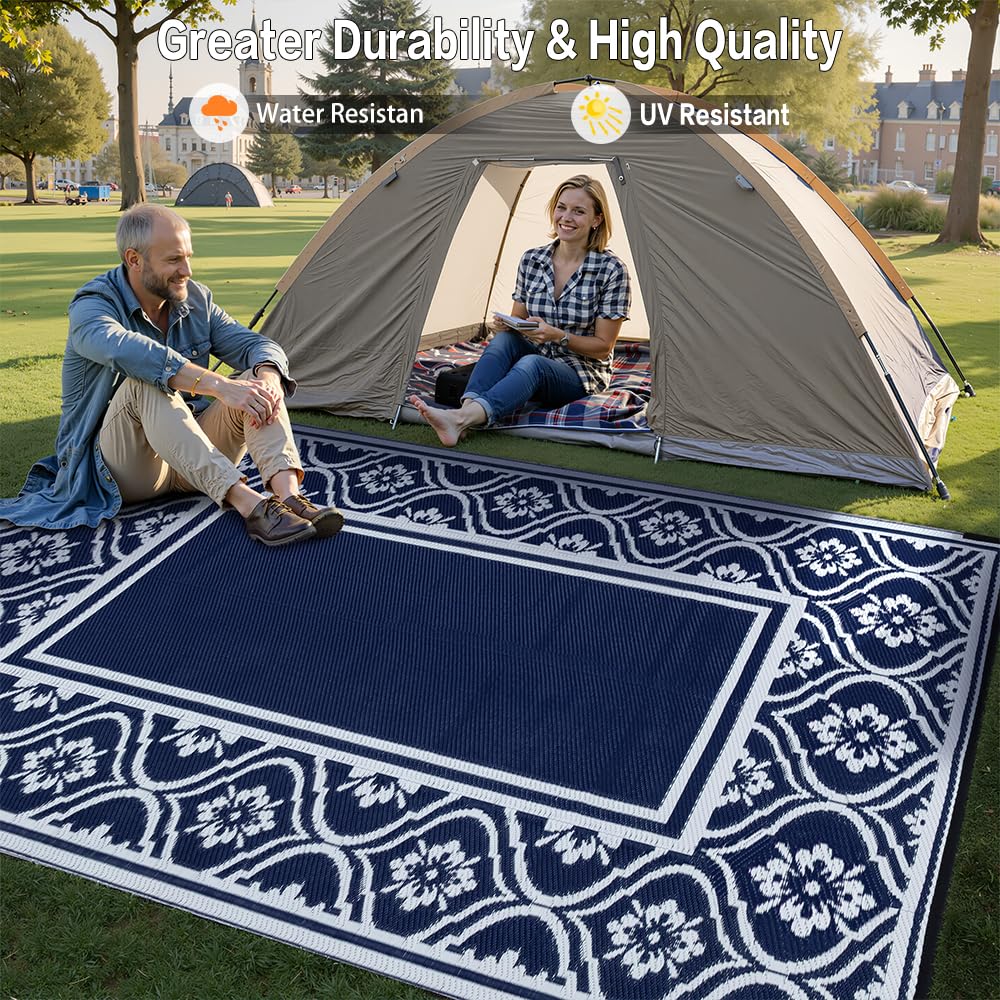 HUGEAR Outdoor Patio Rug 5'x8' Waterproof Outside Area Rugs Blue Reversible Plastic Straw Carpet for RV Deck Camping Entryance Porch Picnic Balcony Beach