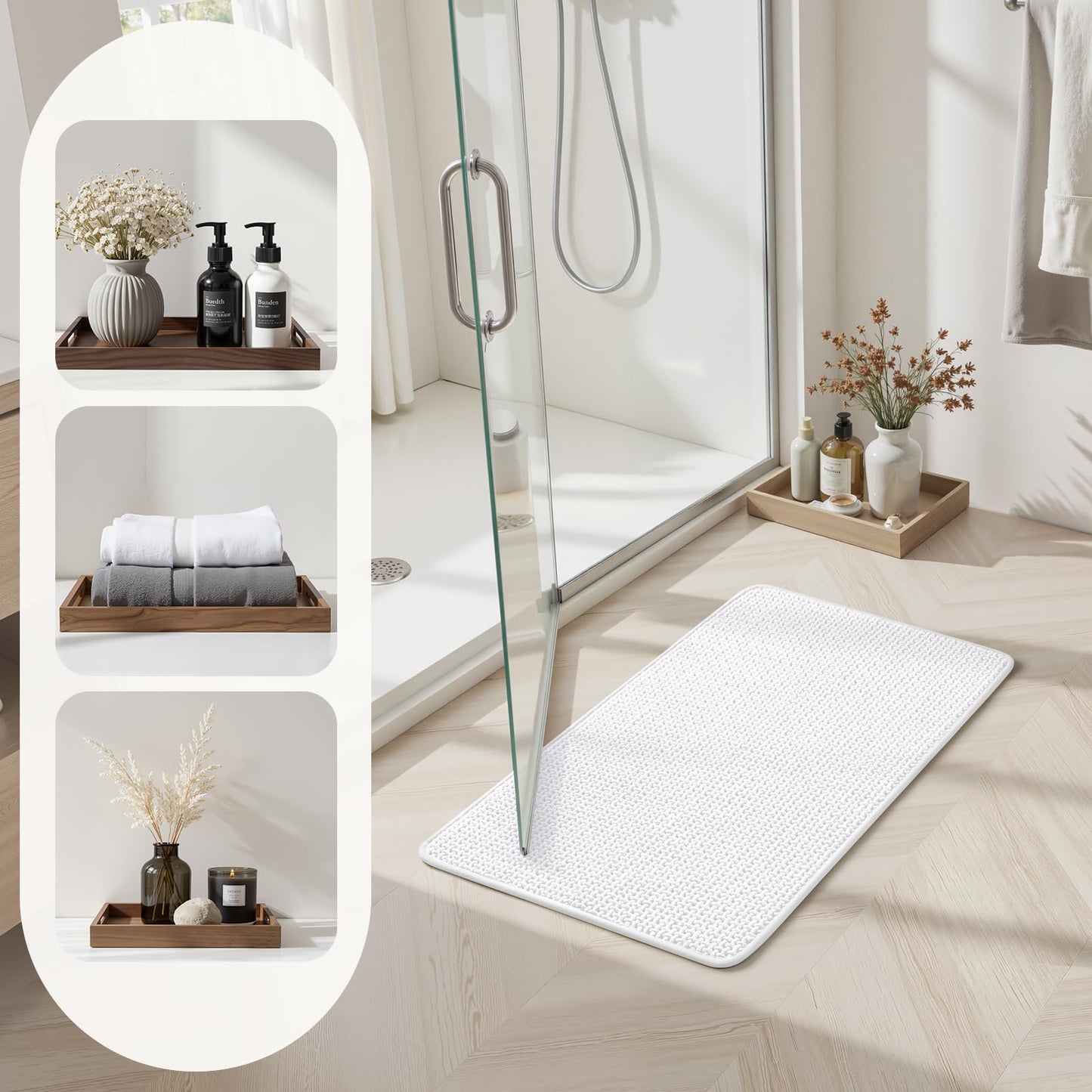 HOMEIDEAS Bathroom Rugs Set 2 Piece, Ultra Thin Non-Slip Bath Mats Rubber Backed, Chenille Absorbent Quick Dry Mats for Shower & Vanity, Low Profile Fits Under Door (White, 32"x20"+24"x17")