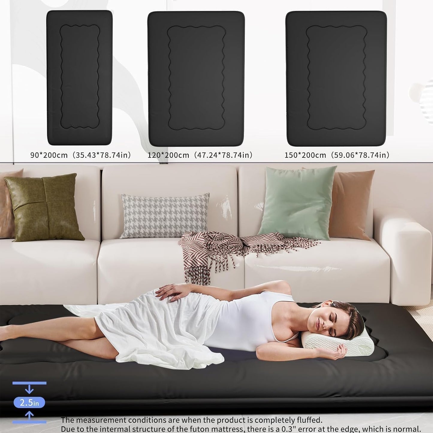 Kiseely Japanese Futon Mattress, Foldable Tatami Mat Portable Dormitory Sleeping Pad with Bag & Strap, Floor Thicken Sleeping Roll up Camping Mattress (Black WS1, 39"X80")