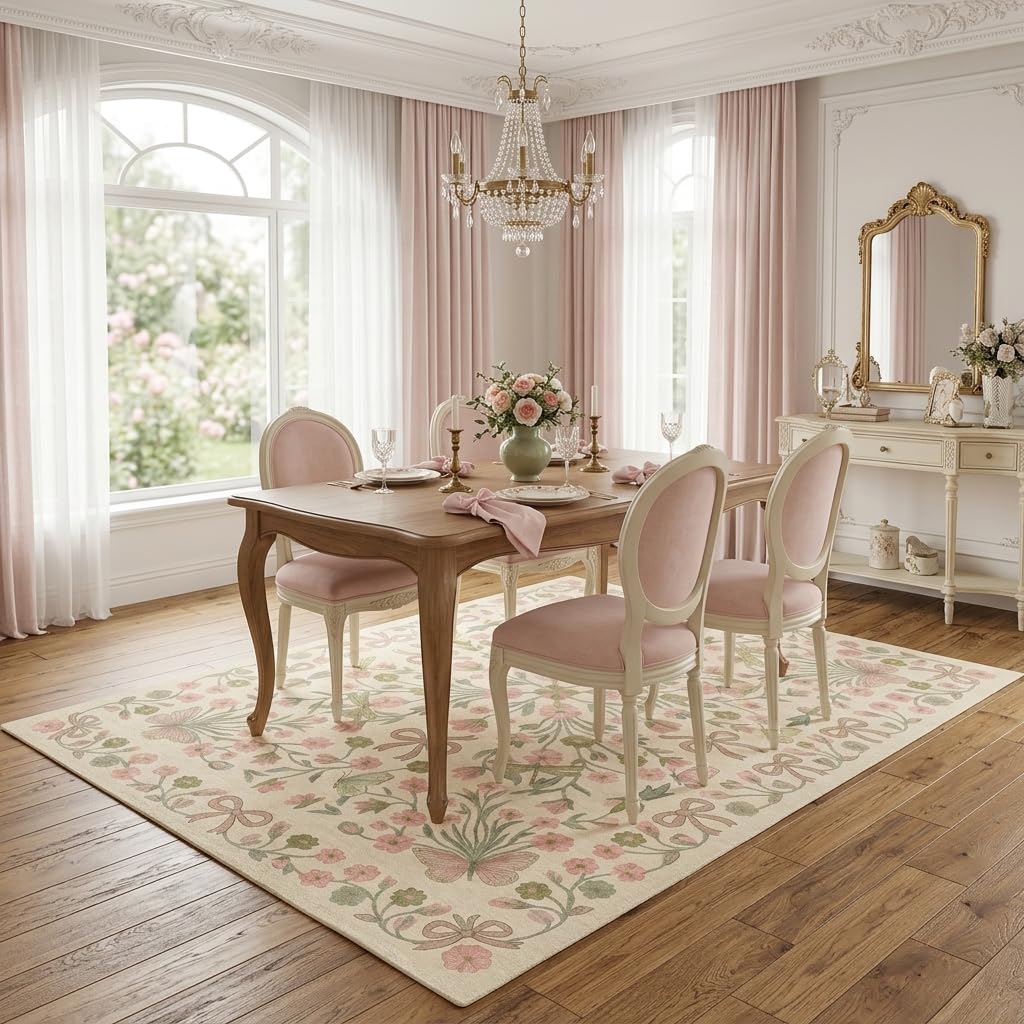 BreezeRise 5x7 Area Rug for Living Room，Boho Beige Butterfly Bow Rug Pink and Green Florals，Non-Slip Washable Foldable Bedroom，Dining Room