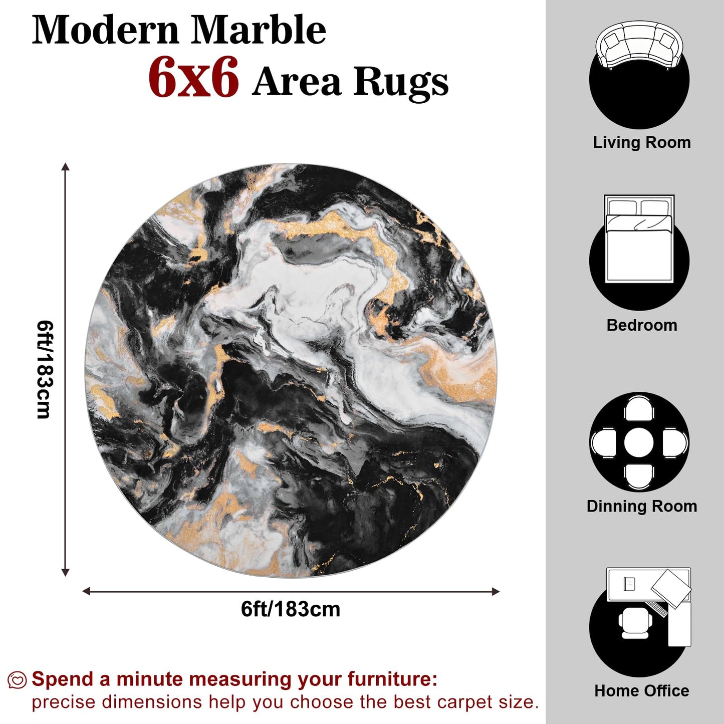 Yinhua Washable Round Rug 6ft, Circle Black and Gold Rug Non Slip, Soft Faux Wool Marble Rugs Non Shedding, Low Pile Abstract Area Rugs, Stain Resistant Carpet for Dining Room Table Nursery