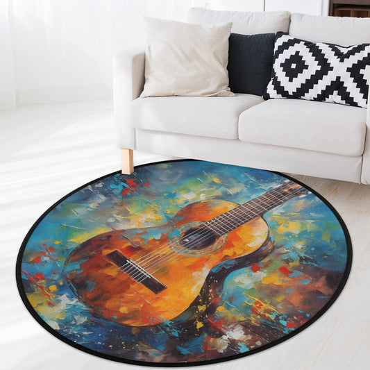 OMFUNS Music Guitar Round Area Rug Bedroom 3 Ft, Oil Painting Circle Floor Mat Non-Slip Washable Accent Throw Rugs Carpet for Living Room Kids Room Nursery Entryway Laundry
