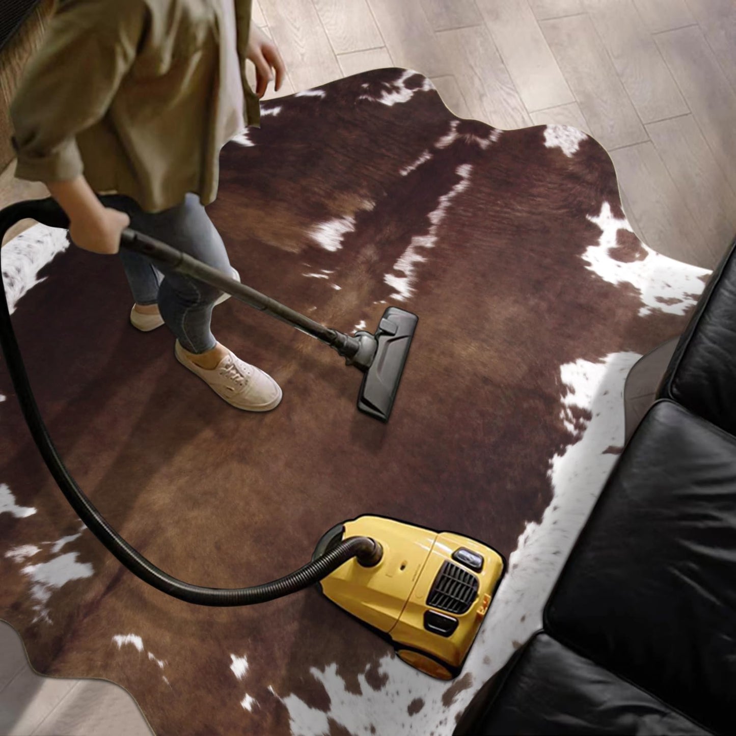 Pettop Luxury Faux Cowhide Rug 4.6x5.2 Feet - Western Cow Print Area Rugs for Living Room, Bedroom, Farmhouse - Premium Western Style Faux Fur Carpet, Non-Slip Animal Hide Throw Rugs (Dark Brown)