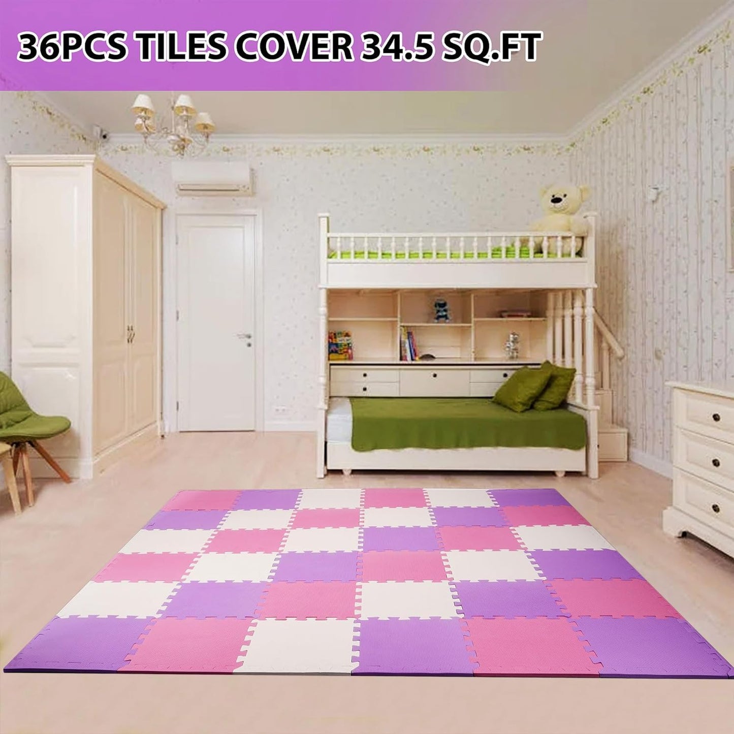 BalanceFrom 36-Pack 12x12 Inches EVA Interlocking Foam Play Tile Mat, Pink/Purple/Beige – 0.4-Inch Thick Non-Slip Puzzle Flooring for 36 Square Feet in Playroom, Nursery, or Playpen at Home