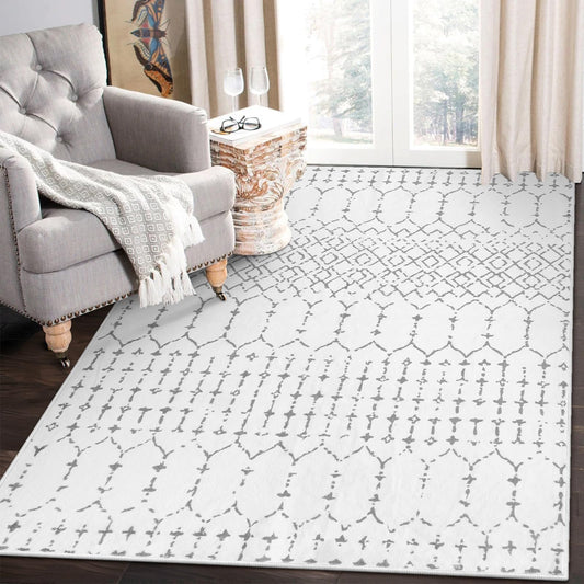 Lahome Moroccan Living Room Area Rug - Washable Rugs 4x6 Non-Slip Soft Throw Rugs for Bedroom White Lightweight Large Rug, Modern Geometric Print Low-Pile Capet for Classroom Office Dining Room Hana