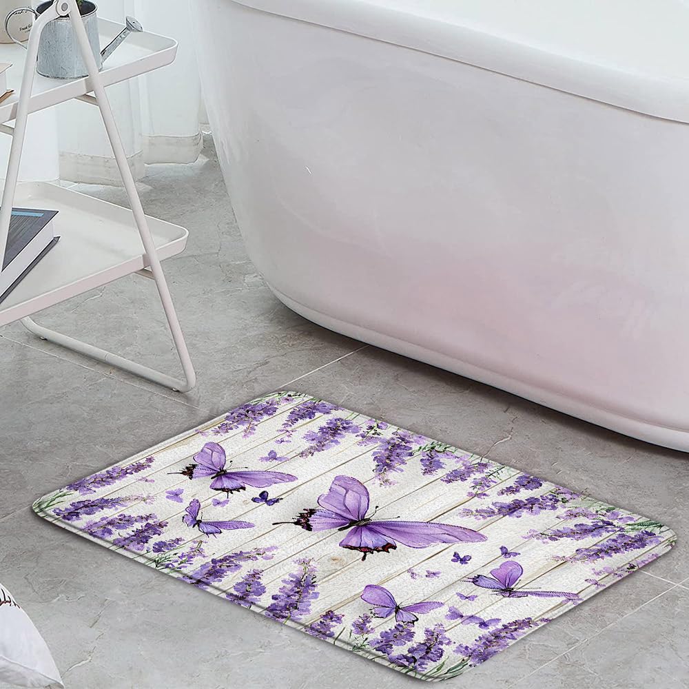 Lavender Butterfly Bath Mat Purple Flower Rustic Flowers Spring Violet Floral Watercolor Farmhouse Wooden Plank Women Bathroom Rugs Indoor Carpet Bathtub Rug 17.7 x 29.5 Inch
