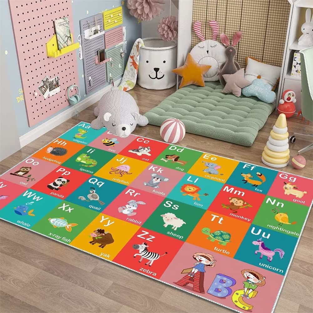 ABC Alphabet Education Rug, Kids Fun Game Carpet Children's Room, Playroom, Classroom, Non-Slip Washable Crawl Floor Mat (Animal 31x47in)