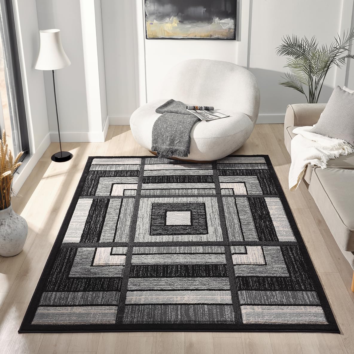 HADBA Modern 5x7 Grey Geometry Living Room Rug - Area Rugs for Living Room Dining & Bedroom - Hand Carved Runner Carpet - Durable Polyester - Non-Fade Stain-Resistant - Turkish Made