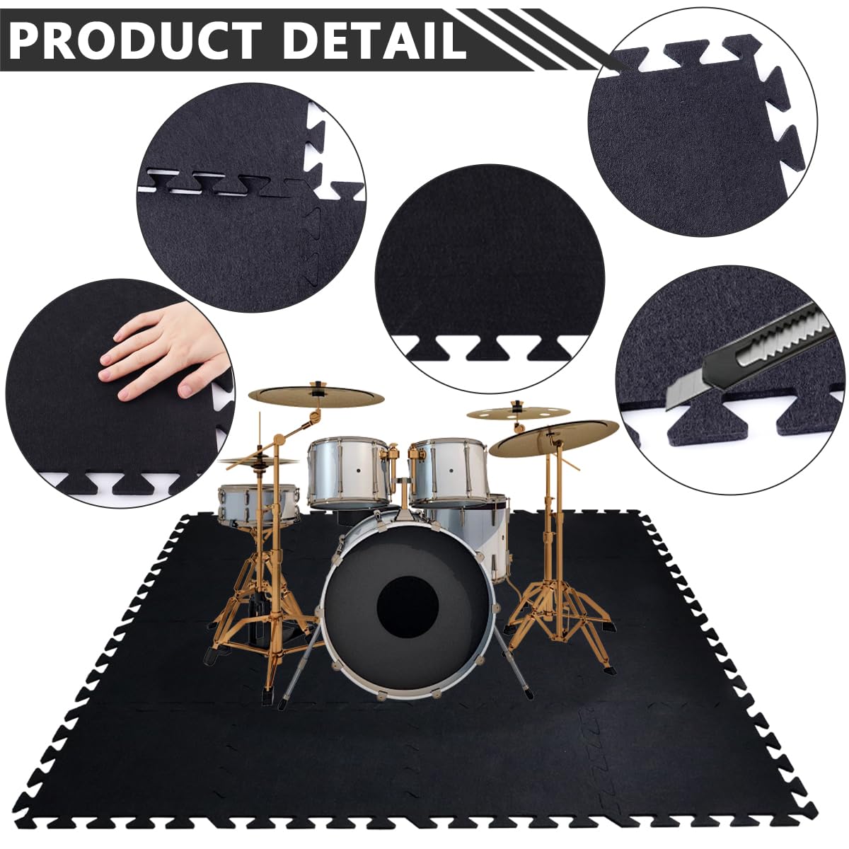 16 Pcs Black Thick Sound Absorbing Interlocking Floor Mats, Drum Rug